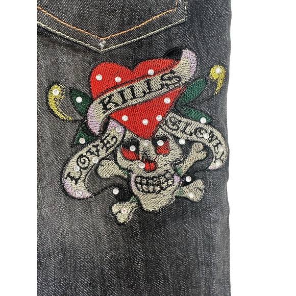 NEW Ed Hardy Embroidered Floral Skull Jeans 27 Low Rise Love Kills Y2K NWT F - Picture 5 of 6